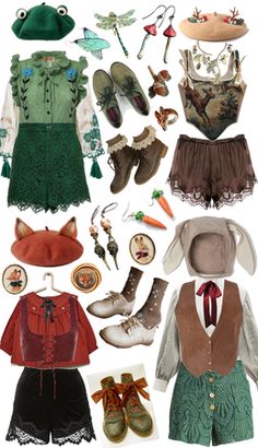 an assortment of clothing and accessories including shoes, hats, scarves, socks, boots