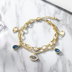 Stainless steel evil eye double link bracelet Magnetic Therapy Bracelets, Double Chain Bracelet, Gold Bracelet Set, Wrist Wear, Eye Bracelet, Evil Eye Charm, Healing Bracelets, Evil Eye Bracelet, Evil Eye Jewelry