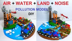 two pictures of an air water and land noise pollution model diorama, with the same image as shown above