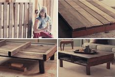 three pictures of a coffee table made out of old pallets and wooden planks