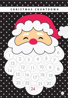 a christmas themed calendar with santa claus on the front and numbers in white dots around it