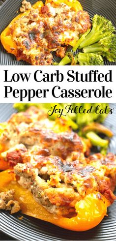 low carb stuffed pepper casserole on a plate with broccoli and peppers