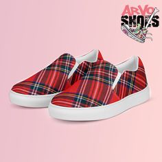 These red plaid women's canvas shoes are perfect for hitting the town, costume parties or just everyday wear for those who love looking there best always! They look great on and even better being admired, perfect for them afternoon sessions. Or Punk gigs, whatever your style! Made for comfort and ease, these Women's Slip-On Canvas Shoes are stylish and the ideal piece for completing an outfit. Equipped with removable soft insoles and rubber outsoles, it's also easy to adjust them for a better fit. *  100% polyester canvas upper side *  Ethylene-vinyl acetate (EVA) rubber outsole *  Your brand on the box, insole, and tongue of the shoe  *  Breathable lining, soft insole *  Elastic side accents *  Padded collar and tongue *  Printed, cut, and handmade Important: This product is available in Womens Canvas Shoes, Plaid Sneakers, Plaid Shoes, Women's Slip Ons, On Canvas, Costume Parties, Fall Plaid, Canvas Shoes Women, Shoes Womens