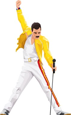 a man in yellow jacket and white pants holding a microphone with his right hand up