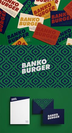 an assortment of business cards and stationery designed to look like the bank of burgers