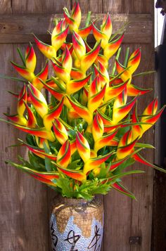 a vase filled with yellow and red flowers on top of a wooden table next to a door