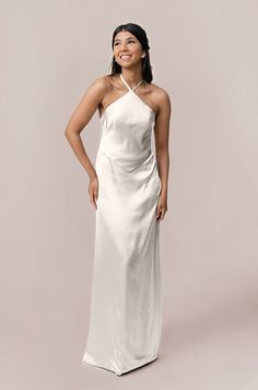 Model: Jacinth; Size: 4 Wedding Parties Colors, Bridesmaid Dress Colors, Fitted Silhouette, Halter Neckline, Satin Dress, Color Swatches, Bra Cups, Orange And Purple, White Shop