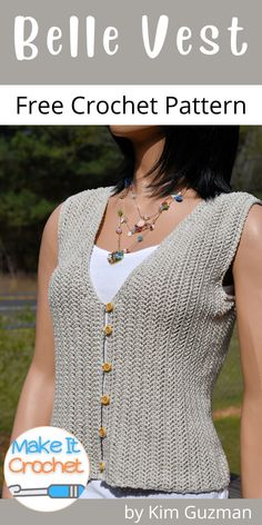 the free crochet vest pattern is shown with text overlay that says,