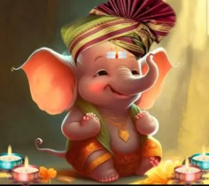 an elephant with a turban on it's head sitting in front of candles