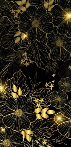 gold flowers and leaves on a black background