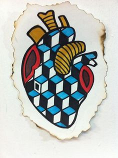 an image of a heart painted on the side of a white wall with blue, black and red squares