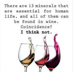 two wine glasses with the words, there are 13 minerals that are essential for human life and all of them can be found in wine condence i think not