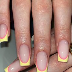 𝐆𝐈𝐀𝐍𝐆’𝐒 𝐍𝐀𝐈𝐋𝐒 on Instagram: "Yellow french tip with pink line 💛💗 ➡️ swipe to see acrylic after 6 weeks growth #acrylicnails #frenchtipnails #acrylicrefill #yellownails #doublefrench #nailinstagram #nailoftheday #nailaddict" Line Tips Acrylic Nails, Almond Nails Yellow French Tip, Pink With Yellow Nails, Yellow Nail French Tip, Festival French Tip Nails, Orange Biab Nail Designs, Yellow French Tip Square