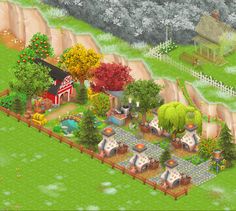 an animated farm scene with trees and houses