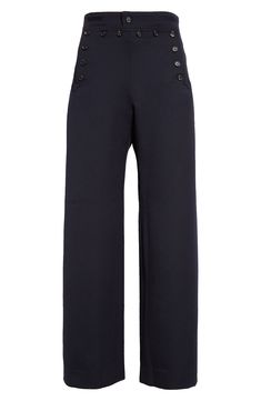 Inspired by Navy pants from the 1940s, these sailor trousers made of wool twill reproduce the wide-leg silhouette and distinctive front-button placket. 30 1/2" inseam; 20" leg opening; 12 1/4" front rise; 16 1/2" back rise (size 26) Front button closure Front button-welt pockets; back welt pocket Partially lined 100% virgin wool Dry clean Made in Portugal Designer Clothing Sailor Trousers, Sailor Pants, Navy Pants, Button Placket, Welt Pocket, Welt Pockets, Wide Leg, Nordstrom, Dry Clean