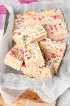 some rice krispy treats are in a tray