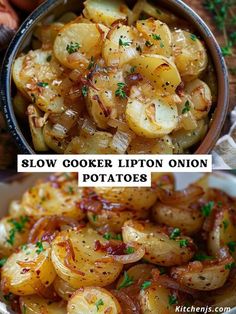 two pictures with different types of food in them and the words slow cooker lipton onion potatoes