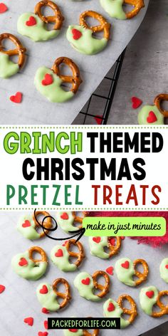 Holiday snacks featuring pretzels dipped in green candy coating with red heart sprinkles, perfect as easy Christmas desserts for a crowd. Grinch Pretzels, Christmas Pretzel Treats, Grinch Christmas Treats, Grinch Snack, Christmas Pretzel, Treats For Christmas, Christmas Pretzels, Christmas Popcorn, Kids Treats