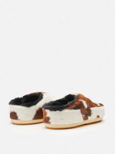 white/brown pony hair/calf leather cow print debossed logo to the side slip-on style round toe flat rubber sole Styling Cow Print Boots, Sandals Resorts, Mule Sneakers, Moon Boot, Shoes Outfit Fashion, Debossed Logo, Shoe Inspo, Birthday Board, Low Boots