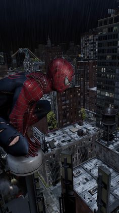 a spider - man flying over a city in the rain with buildings and skyscrapers