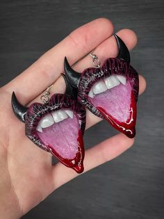 Earrings. Polymer clay lips with horns. | eBay Polymer Clay Plugs Gauges, Gothic Polymer Clay Ideas, Horror Clay Art, Polymer Clay Art Projects, Air Clay Earrings, Spooky Clay Earrings, Gothic Clay Ideas, Clay Art For Boyfriend, Goth Polymer Clay