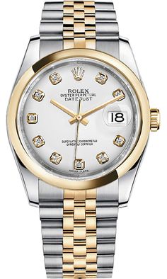 116203 | M116203-0175 ROLEX DATEJUST 36 MEN'S OR WOMEN'S LUXURY WATCH Store Display Model (What's This?) - With Manufacturer Serial Numbers - Swiss Made - White Dial Set with Diamonds - 10 Diamonds Set on Dial - Solid 18k Yellow Gold Domed Bezel - Date Feature - Self-winding Automatic Chronometer Movement - 6 Year Warranty - Guaranteed Authentic - Certificate of Authenticity - Manufacturer Box & Manual - Solid 18k Yellow Gold with 904L Oystersteel Stainless Steel Case & Jubilee Bracelet - Scratch Resistant Sapphire Crystal - 100 Meters / 330 Feet Waterproof - 36mm = 1 1/3" Case, 6" Adjustable Bracelet - Deployment Buckle - Screw Down Crown & Caseback - Free Bracelet Sizing     Also Known As Model # 116203-WHTDJ Cheapest Rolex, Pretty Watches, Buy Rolex, Rolex Women, Watches Collection, Oyster Perpetual Datejust, Rolex Watches For Men, Rolex Men, Womens Watches Luxury