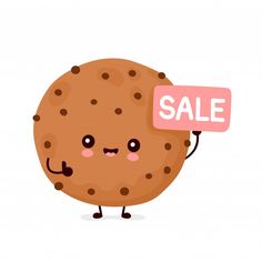 a cute cookie character holding up a sale sign