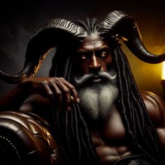 a man with long black hair and horns on his head is sitting in a chair