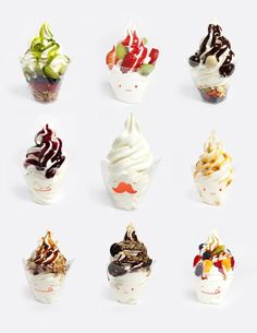 an assortment of ice creams with different toppings in them on a white background