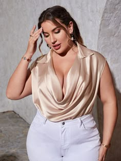 Champagne Elegant Collar Cap Sleeve Satin Plain Top Embellished Non-Stretch Summer Plus Size Tops Plus Size Satin Dress, Plus Size Crop Tops, Cowl Top, Women Lace Blouse, African Dresses For Kids, Formal Wear Women, Summer Plus Size, Muslimah Fashion Outfits, Cowl Neck Top