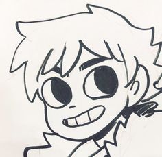 a black and white drawing of a boy with big eyes, smiling at the camera