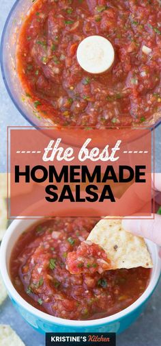 the best homemade salsa in a blue bowl with tortilla chips