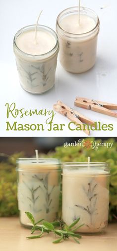 three candles with rosemary on them and the words rosemary mason jar candles written in white