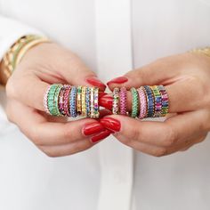 Looking for the perfect stackable and chic ring? The 14K Gold Multi Colored Domed Ring is just what you’re missing. Featuring three curved rows of pave round rubies, sapphires, emeralds, amethysts and aquamarines, this 4mm ring is as colorful and playful as can be. This stunner is here to elevate your casual looks and your black-tie attire.We love our Multi Colored Domed Ring stacked with our Large Multi Colored Eternity Band. 2.50 carats SBR22-YG-MC All sales are final. Luxury Traditional Multi-stone Rings, Eternity Band Colored Stones, Luxury Multicolor Birthstone Ring As Gift, Virtual Wishlist, Five Golden Rings, Golden Rings, Multicolor Jewelry, Chic Rings, Diamond Stacks