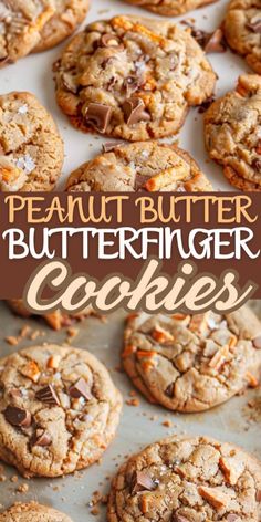 peanut butter butterfingerer cookies on a baking sheet with the title in the middle