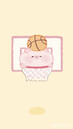 a cartoon character sleeping on top of a basketball in a basket with his head above the net