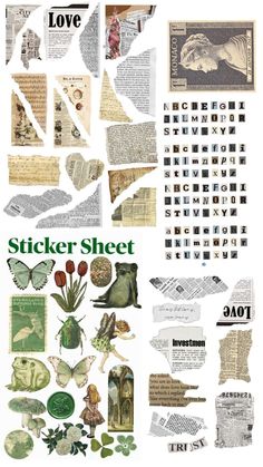 an assortment of different types of papers and stickers on a white background with the words sticker sheet written in green