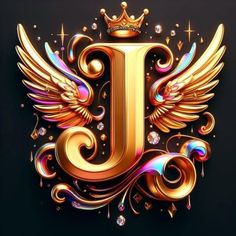 the letter j with wings and a crown on it's head is surrounded by jewels