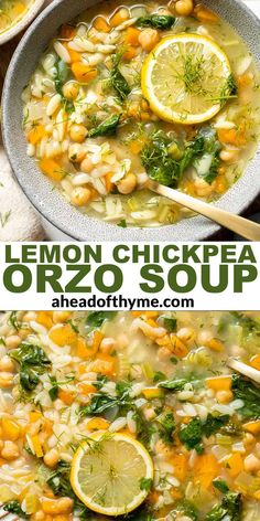 lemon chickpea orzo soup in a bowl with spoons