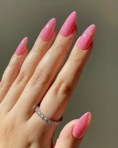 Barbie Themed Nails Simple, Hot Pink Rainbow Nails, Flamingo Pink Nails, Sparkly Pink Nails, Glitter Pink Nails, Pink Nails Glitter, Lights Lacquer, Pink Glitter Nails, Pink Nail