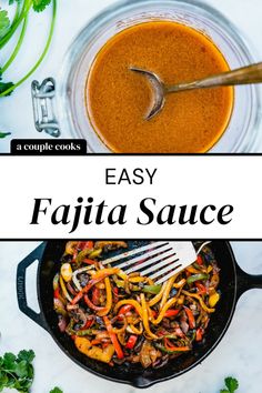 easy fajita sauce in a cast iron skillet with the title overlay