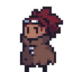 a pixel art image of a woman with red hair and brown coat, standing in front of a white background