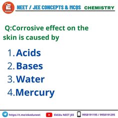 a poster with the words corrosive effect on the skin is cause by 1 acids 2 bases 3 water 4 mercury