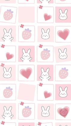 the pink and white wallpaper has hearts, bunnies, and rabbits on it