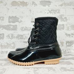 New Sporto Color: Black & Tan Sole Style: Destiny Waterproof Lugged Sole Duck Boots Features: Waterproof Dry Puddles Warm In Snow Grip Sole Fit Duck Boots, Lug Sole, Black Tan, Lace Up Boots, Black And Tan, Destiny, Shoe Laces, Black Lace, Lace Up