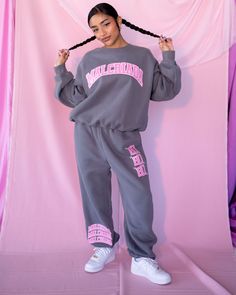 Stay cute & spoilt in our latest Malcriada Varsity Sweats! Show them off solo or pair them with the matching Malcriada Varsity Sweater. We customized these sweats to have a baggy fit, so size down if you like your look a little more fitted. 40% Cotton 60% Polyester Sweat Suits, Varsity Sweater, Outfits I Would Wear, Winter Inspo, Cozy Loungewear, Kids Dresses, Dope Outfits, Sweat Pants, Hoodie Design