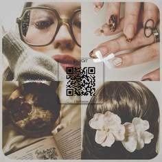 a collage of photos with woman's nails and flowers on them, including an open book