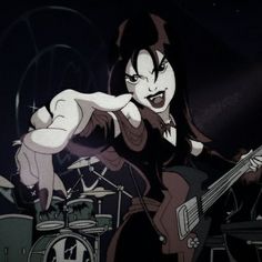 an animated image of a woman with red hair holding a guitar in front of her