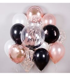 a bunch of balloons that say let's party on it and some are black, pink, and white