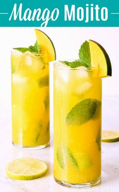 two glasses filled with lemonade and mint mojito